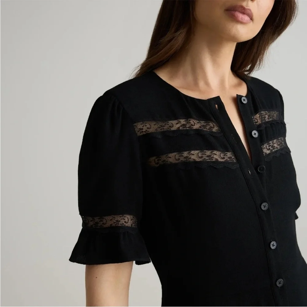 Quince Women Lightweight Crepe Lace Inset Midi Dress Black - Sz Large NWT - Picture 3 of 14
